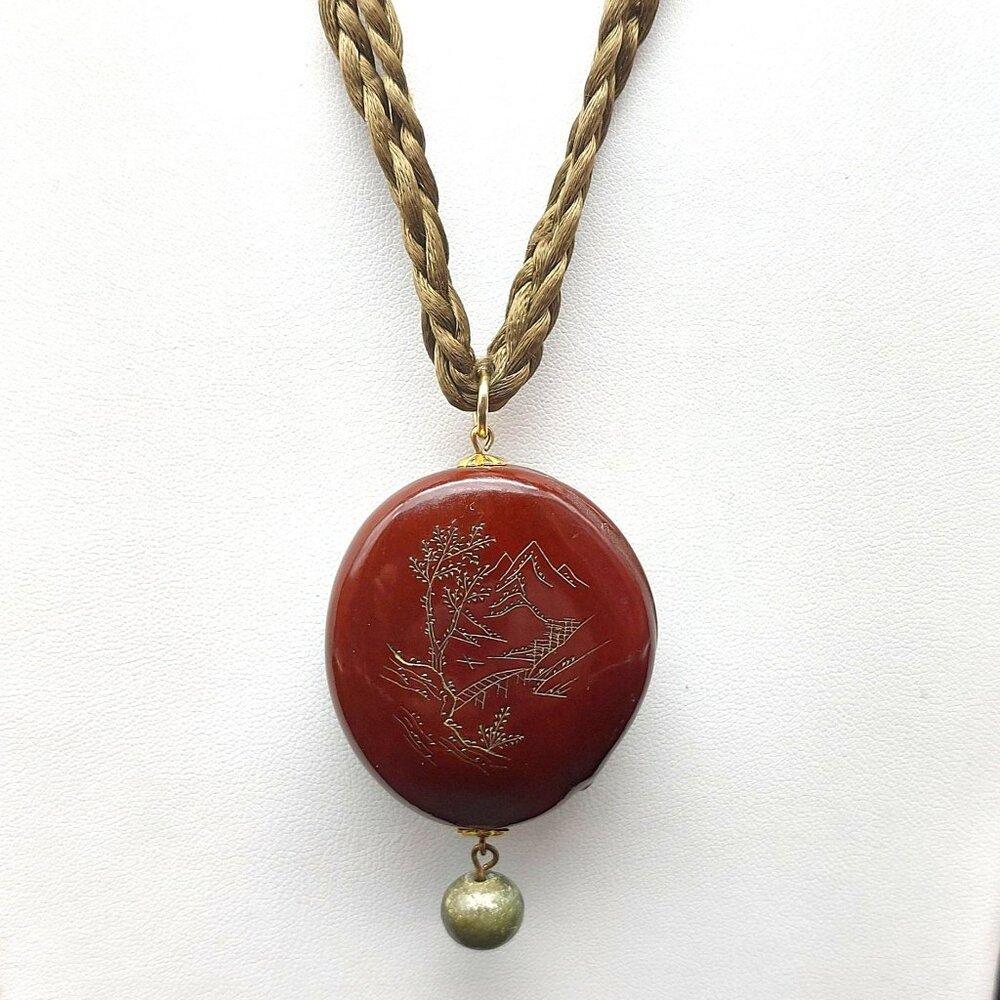 Vintage Hobe Jade & Braided Silk Necklace Engraved Pendant Asian Nature Scenes